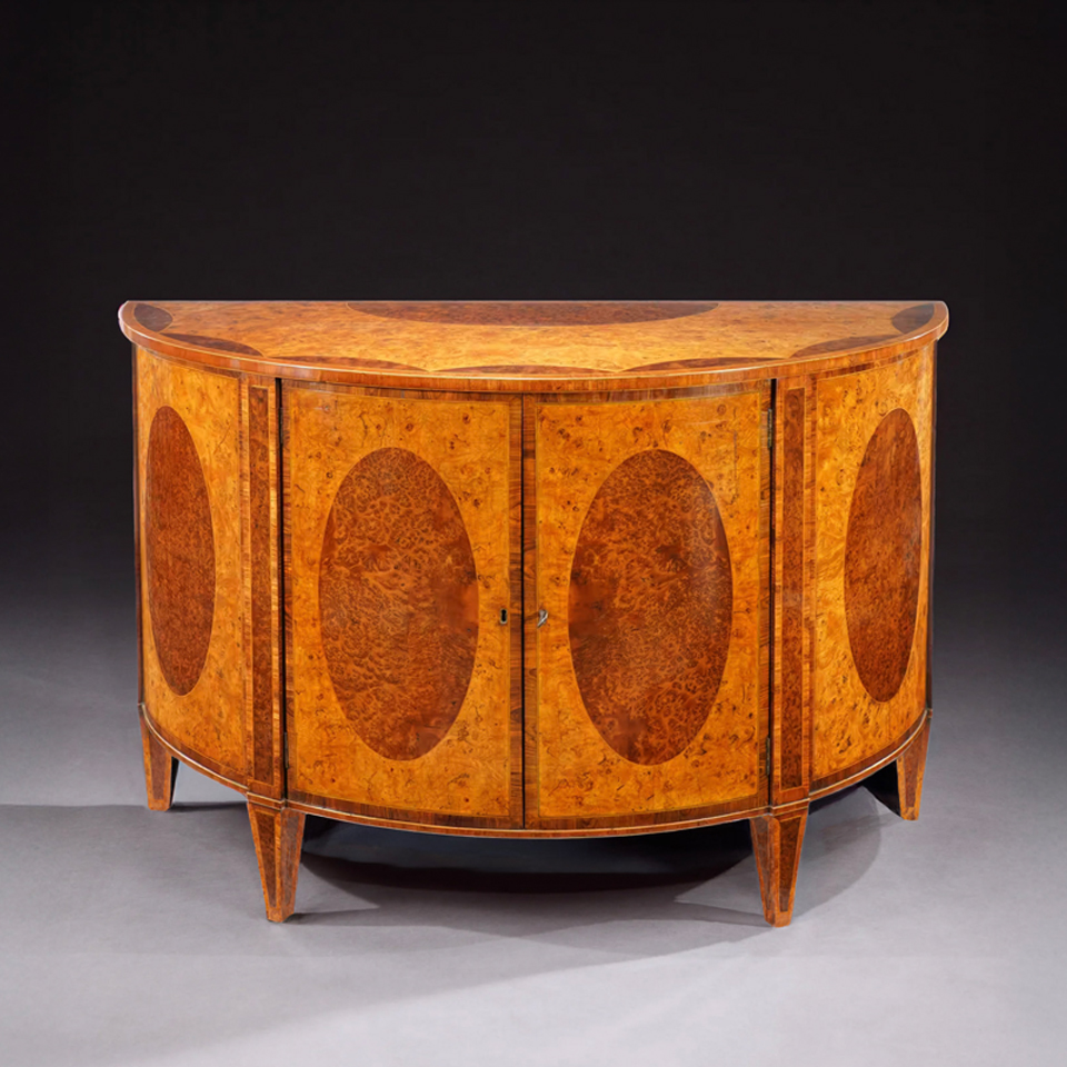 George III Period Demi-Lune Burr Elm and Burr Yew Wood Commode