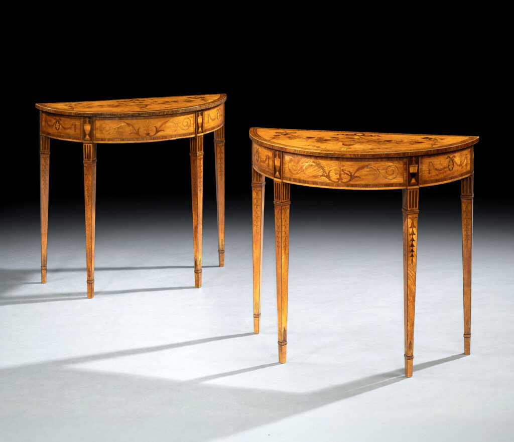 A Small Pair of George III Period Satinwood And Marquetry Demi-Lune Side Tables