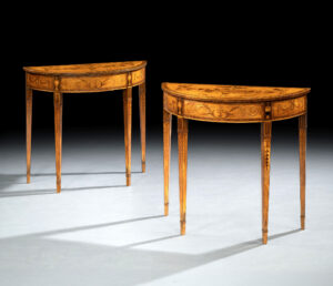 A Small Pair of George III Period Satinwood And Marquetry Demi-Lune Side Tables