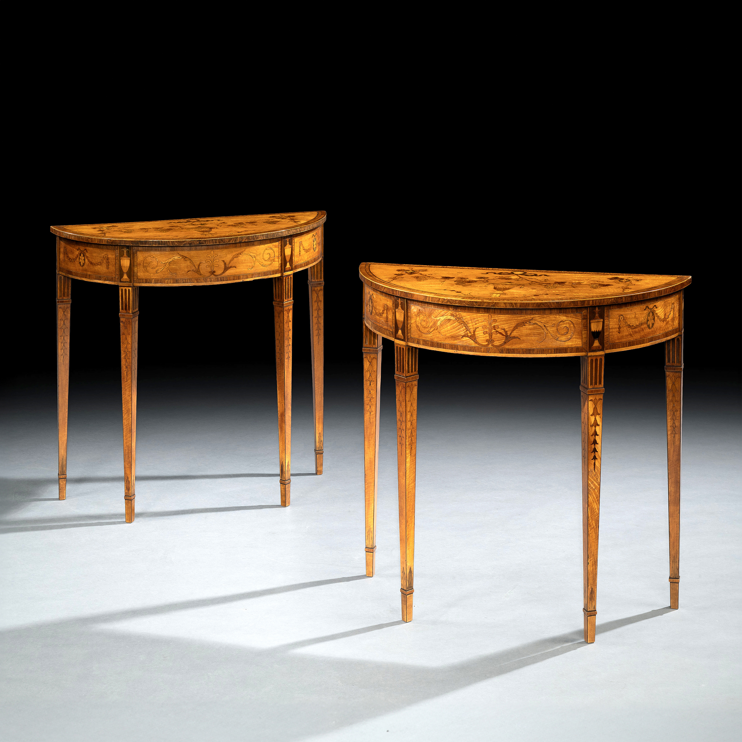 A Small Pair of George III Period Satinwood And Marquetry Demi-Lune Side Tables Pair