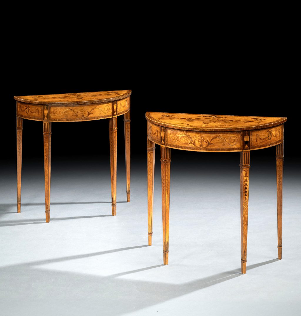 REF 1046 A Small Pair of George III Period Satinwood And Marquetry Demi-Lune Side Tables Pair